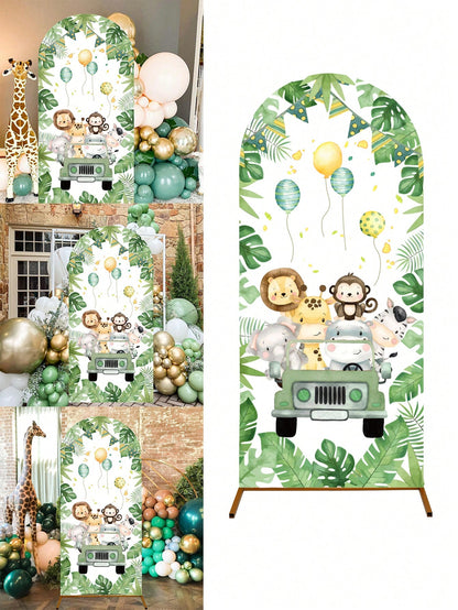 1pc Jungle Animal Arch Backdrop, Polyester Backdrop (Excluding Stand), Arch Backdrop Cover, Can Be Paired With Balloons For Decoration, Jungle Theme Party Supplies, Baby Shower Decor, Gender Reveal Pa