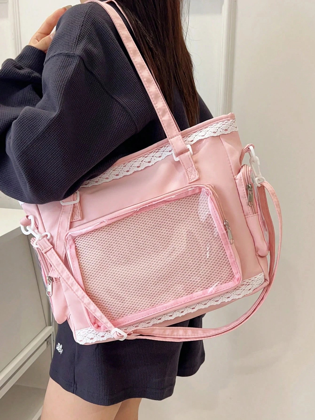 1pc Kawaii Japanese Style Girl's Shoulder Bag, Featuring Pearl Bow & Lace Trim For Elegant & Cute Look, Transparent Decor Suitable For Cosplay, Anime Events, Daily Use, Detachable & Adjustable Strap