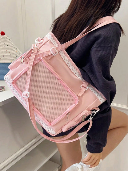 1pc Kawaii Japanese Style Girl's Shoulder Bag, Featuring Pearl Bow & Lace Trim For Elegant & Cute Look, Transparent Decor Suitable For Cosplay, Anime Events, Daily Use, Detachable & Adjustable Strap