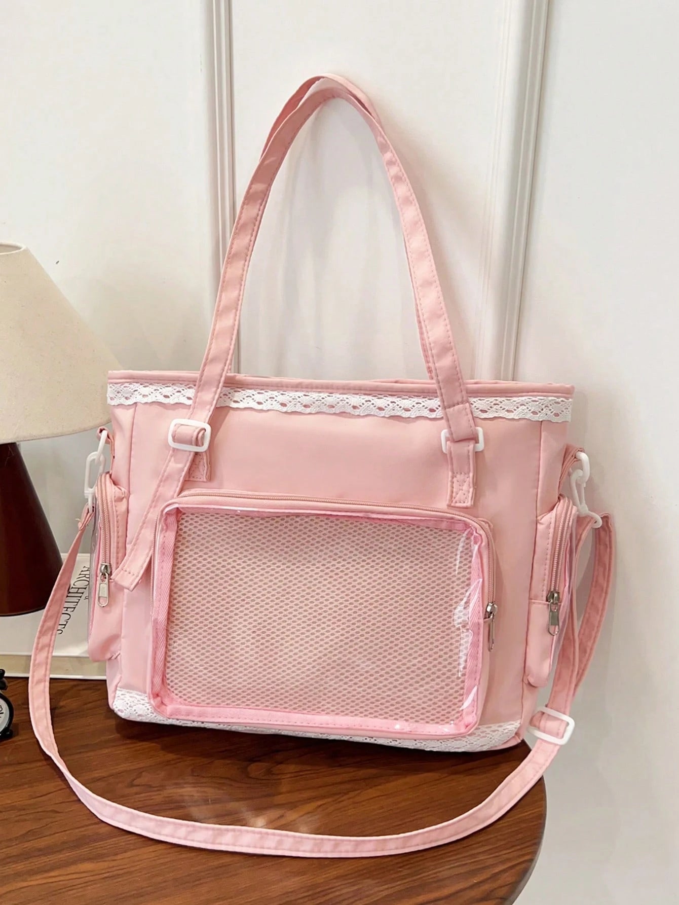 1pc Kawaii Japanese Style Girl's Shoulder Bag, Featuring Pearl Bow & Lace Trim For Elegant & Cute Look, Transparent Decor Suitable For Cosplay, Anime Events, Daily Use, Detachable & Adjustable Strap