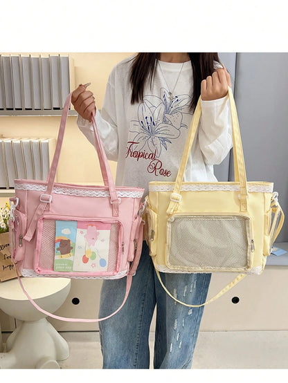 1pc Kawaii Japanese Style Girl's Shoulder Bag, Featuring Pearl Bow & Lace Trim For Elegant & Cute Look, Transparent Decor Suitable For Cosplay, Anime Events, Daily Use, Detachable & Adjustable Strap