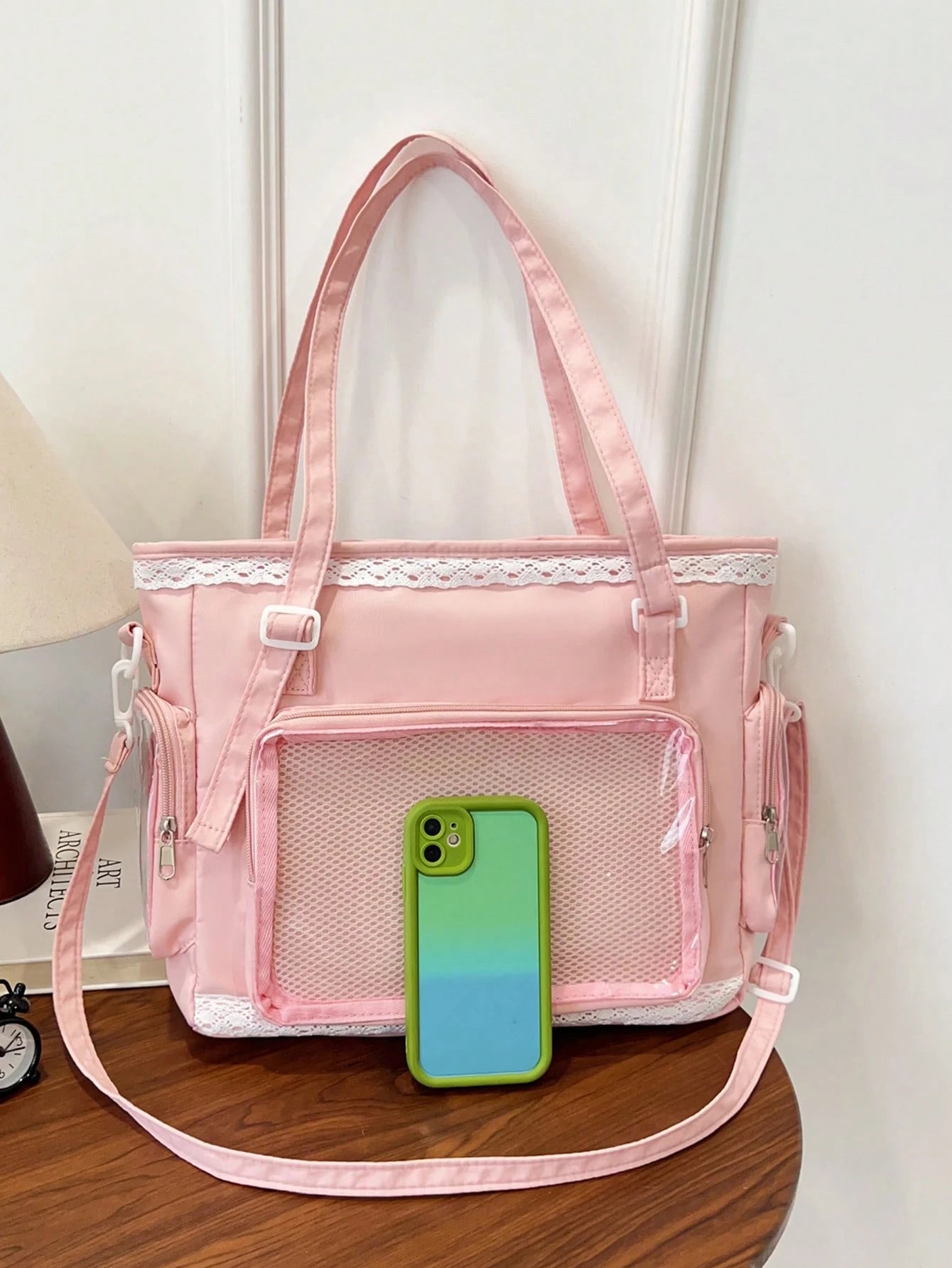 1pc Kawaii Japanese Style Girl's Shoulder Bag, Featuring Pearl Bow & Lace Trim For Elegant & Cute Look, Transparent Decor Suitable For Cosplay, Anime Events, Daily Use, Detachable & Adjustable Strap
