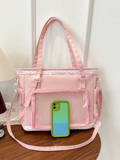 1pc Kawaii Japanese Style Girl's Shoulder Bag, Featuring Pearl Bow & Lace Trim For Elegant & Cute Look, Transparent Decor Suitable For Cosplay, Anime Events, Daily Use, Detachable & Adjustable Strap