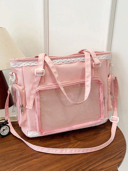 1pc Kawaii Japanese Style Girl's Shoulder Bag, Featuring Pearl Bow & Lace Trim For Elegant & Cute Look, Transparent Decor Suitable For Cosplay, Anime Events, Daily Use, Detachable & Adjustable Strap
