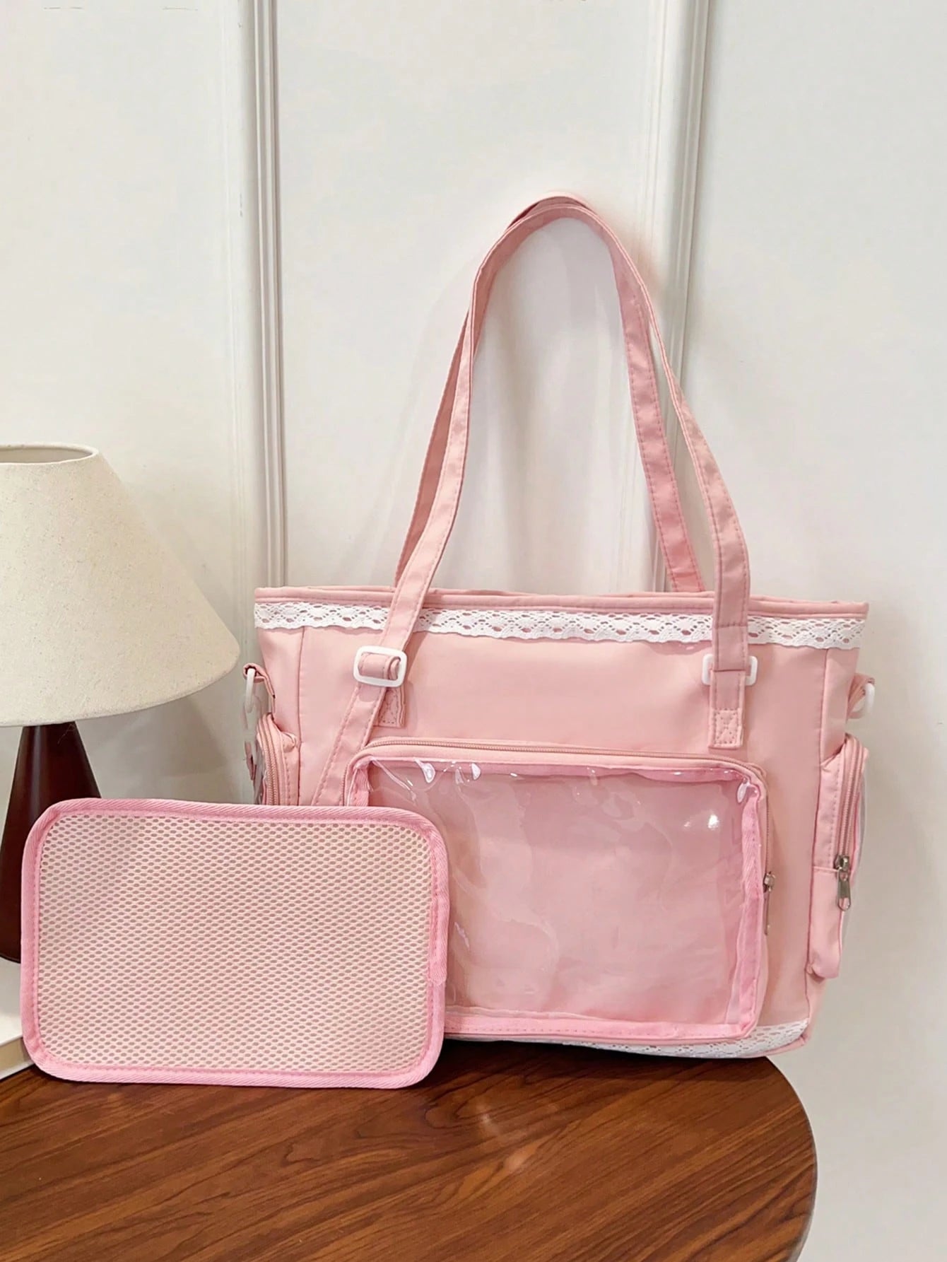 1pc Kawaii Japanese Style Girl's Shoulder Bag, Featuring Pearl Bow & Lace Trim For Elegant & Cute Look, Transparent Decor Suitable For Cosplay, Anime Events, Daily Use, Detachable & Adjustable Strap