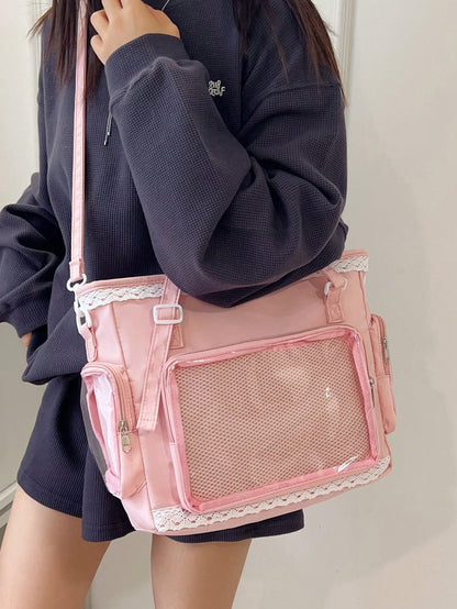 1pc Kawaii Japanese Style Girl's Shoulder Bag, Featuring Pearl Bow & Lace Trim For Elegant & Cute Look, Transparent Decor Suitable For Cosplay, Anime Events, Daily Use, Detachable & Adjustable Strap