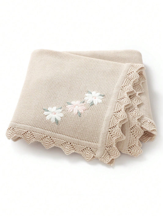 1pc Knitted Baby Blanket, Floral Embroidery & Wavy Hem, Soft Minimalist Style, Suitable For Stroller, All Seasons, Valentine's Day Gift