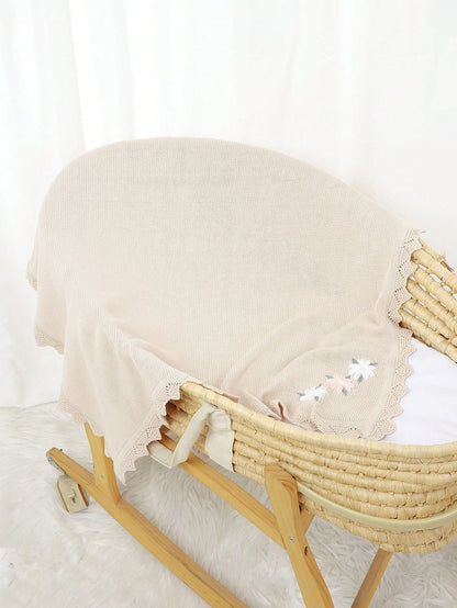 1pc Knitted Baby Blanket, Floral Embroidery & Wavy Hem, Soft Minimalist Style, Suitable For Stroller, All Seasons, Valentine's Day Gift