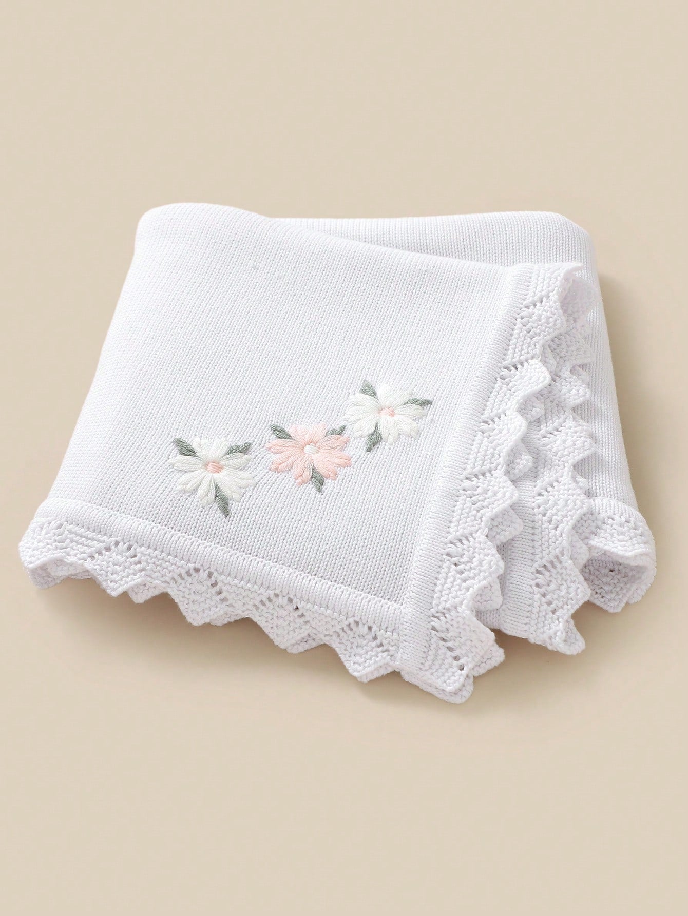 1pc Knitted Baby Blanket, Floral Embroidery & Wavy Hem, Soft Minimalist Style, Suitable For Stroller, All Seasons, Valentine's Day Gift