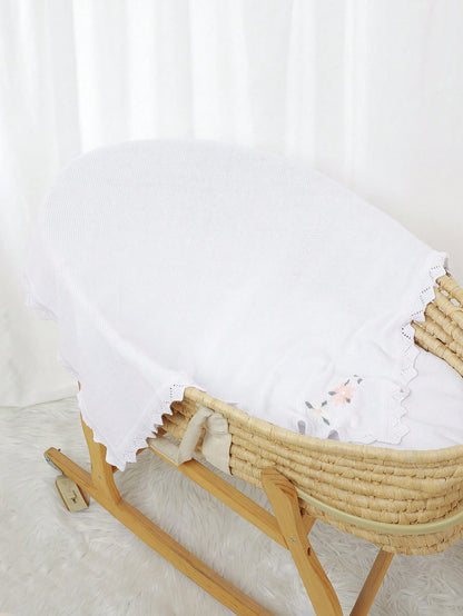 1pc Knitted Baby Blanket, Floral Embroidery & Wavy Hem, Soft Minimalist Style, Suitable For Stroller, All Seasons, Valentine's Day Gift