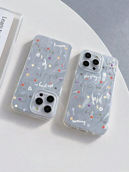1pc Korean Style Hand-Painted Cute Polka Dot Smiling Face Phone Case, Minimalist Versatile Protective Cover Compatible With Apple 11/12/13/14/15/16/17 Pro Max