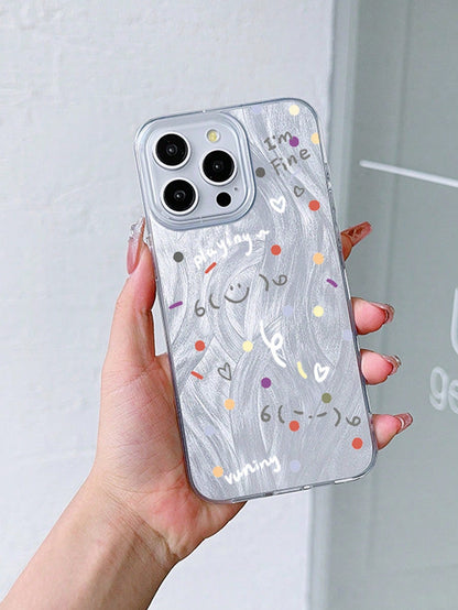 1pc Korean Style Hand-Painted Cute Polka Dot Smiling Face Phone Case, Minimalist Versatile Protective Cover Compatible With Apple 11/12/13/14/15/16/17 Pro Max