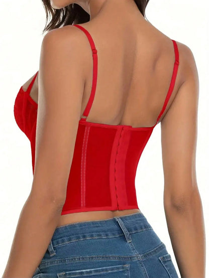 1pc Lace Camisole Crop Top, Suitable For Dates, Parties, And Outings Casual Summer Red