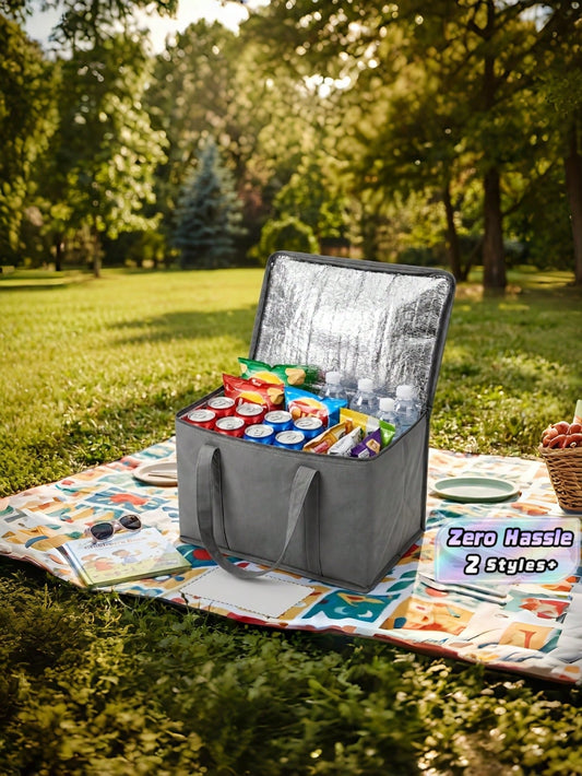 1PC Large Insulated Cooler Tote Bag, Thick Aluminum Foil Thermal Storage Handbag, Durable Non-Woven Carry Bag For Beach Picnic Outdoor Travel Road Trip, Multiple Colors Black Red Gray Available, Not F