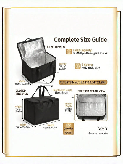 1PC Large Insulated Cooler Tote Bag, Thick Aluminum Foil Thermal Storage Handbag, Durable Non-Woven Carry Bag For Beach Picnic Outdoor Travel Road Trip, Multiple Colors Black Red Gray Available, Not F
