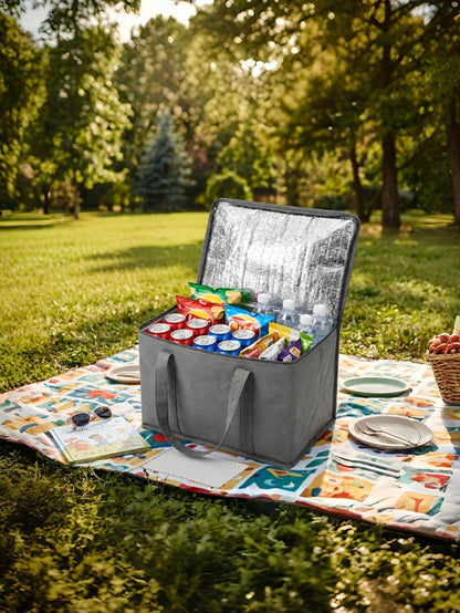 1PC Large Insulated Cooler Tote Bag, Thick Aluminum Foil Thermal Storage Handbag, Durable Non-Woven Carry Bag For Beach Picnic Outdoor Travel Road Trip, Multiple Colors Black Red Gray Available, Not F