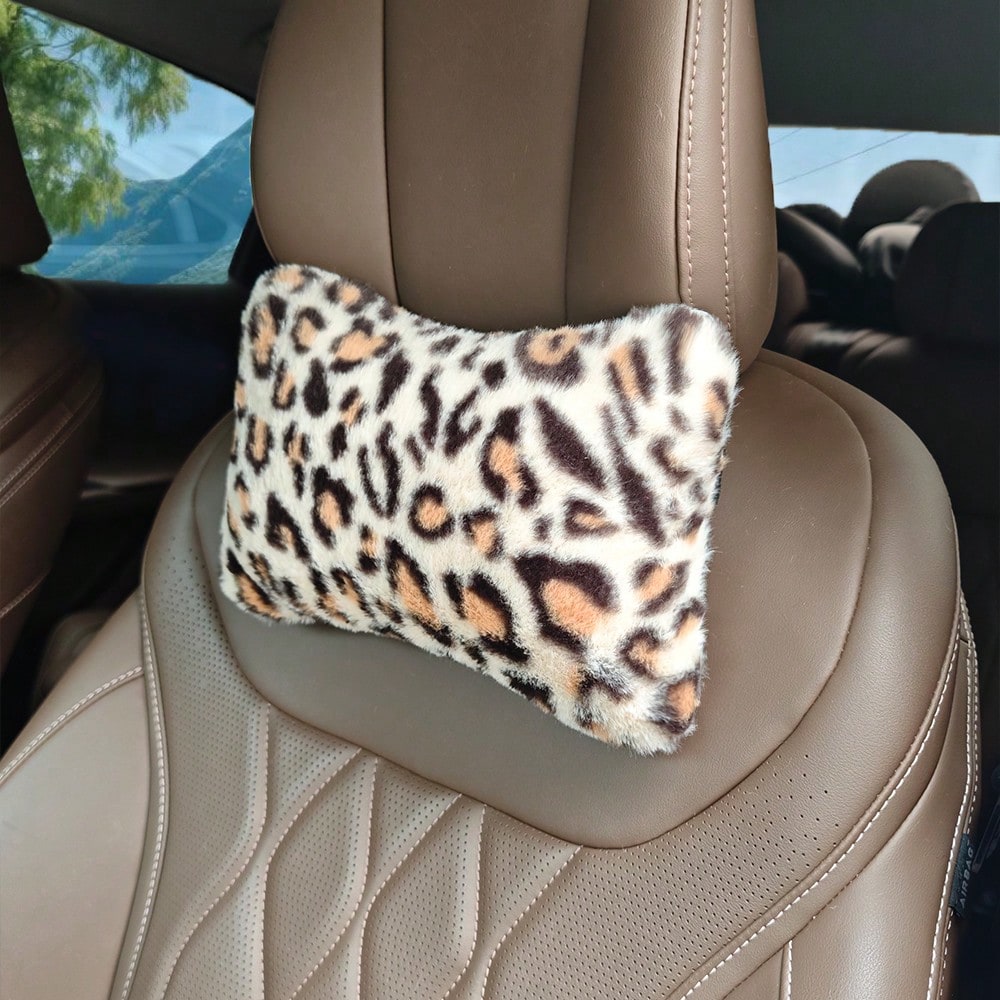1pc Leopard Print Car Seat Headrest Neck Pillow, Women's Car Accessory, Soft Neck Support, All Season Use