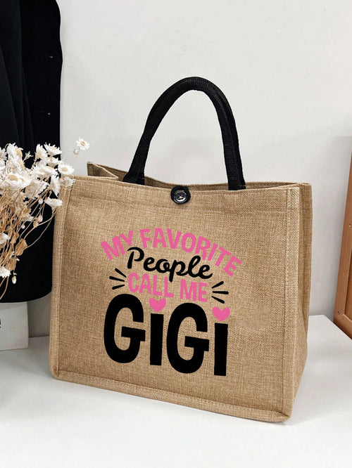 1pc Linen Letter Print Reusable Tote Bag, Personalized Gift Bag Suitable For Wedding, Birthday, Beach, Festivals, Large Capacity, Beach Bag, Women Letter Print Gift Handbag