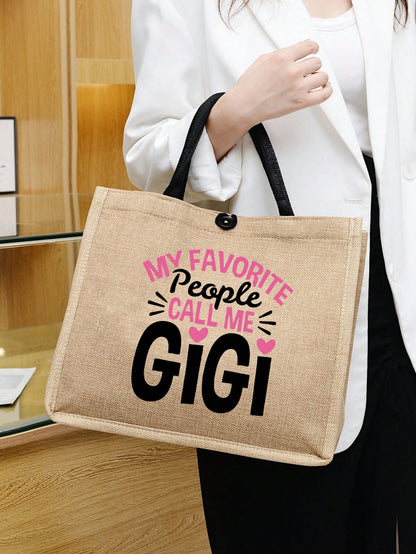 1pc Linen Letter Print Reusable Tote Bag, Personalized Gift Bag Suitable For Wedding, Birthday, Beach, Festivals, Large Capacity, Beach Bag, Women Letter Print Gift Handbag