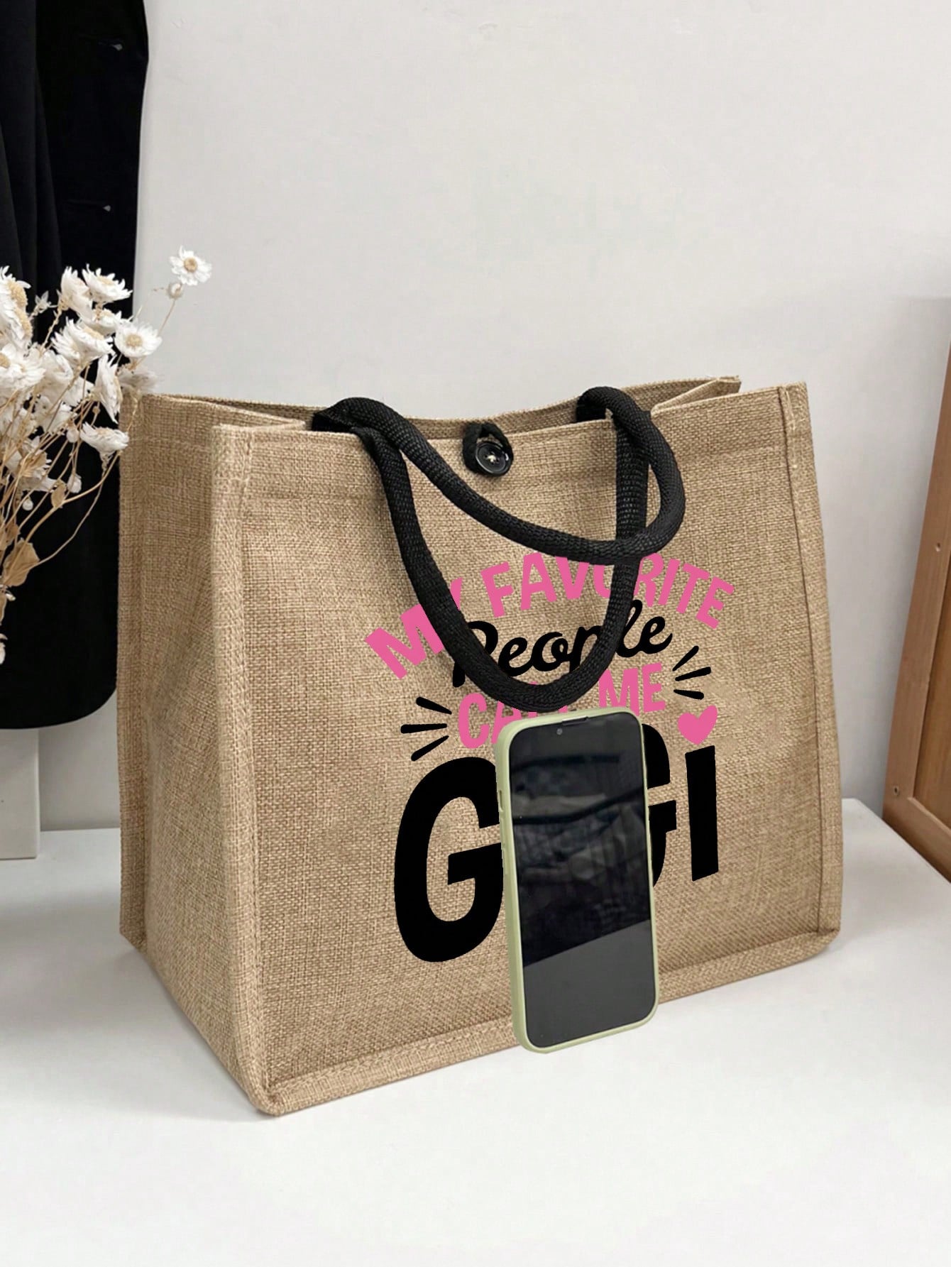 1pc Linen Letter Print Reusable Tote Bag, Personalized Gift Bag Suitable For Wedding, Birthday, Beach, Festivals, Large Capacity, Beach Bag, Women Letter Print Gift Handbag