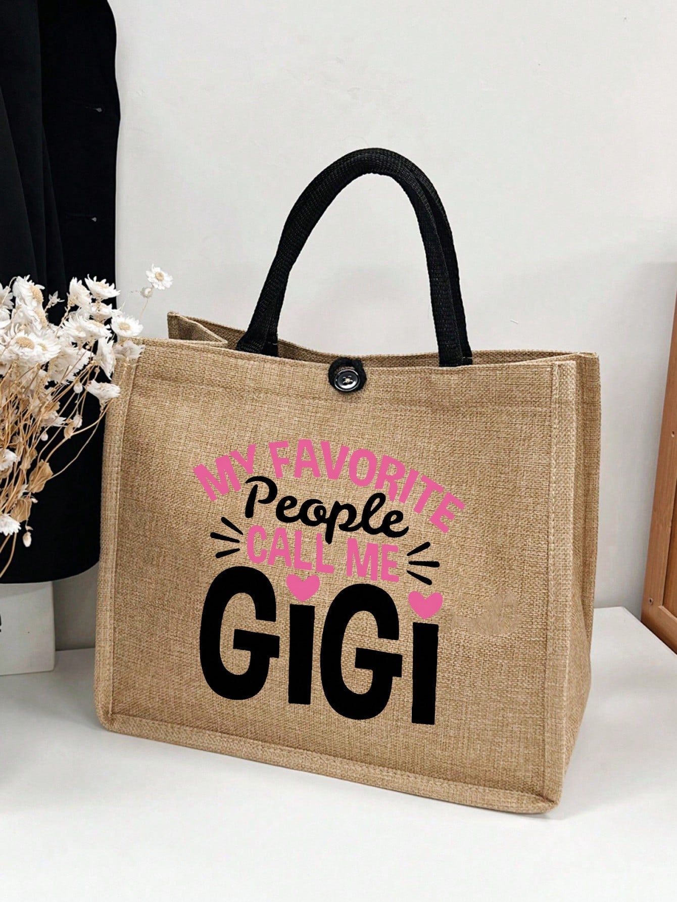 1pc Linen Letter Print Reusable Tote Bag, Personalized Gift Bag Suitable For Wedding, Birthday, Beach, Festivals, Large Capacity, Beach Bag, Women Letter Print Gift Handbag