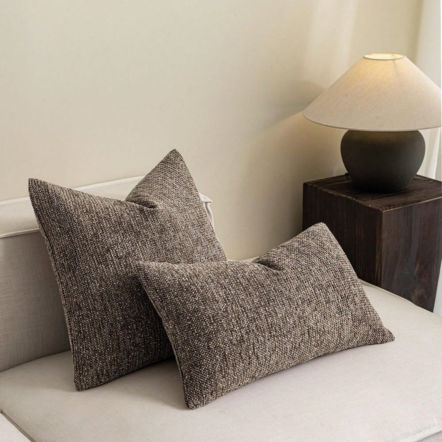 1pc Linen Pillow Case, Bohemian Textured Pillowcase, Beige Base With White And Navy Blue Stitching, Yarn Dyed Striped Cushion Cover, Suitable For Sofa, Living Room (Pillow Cover Only)