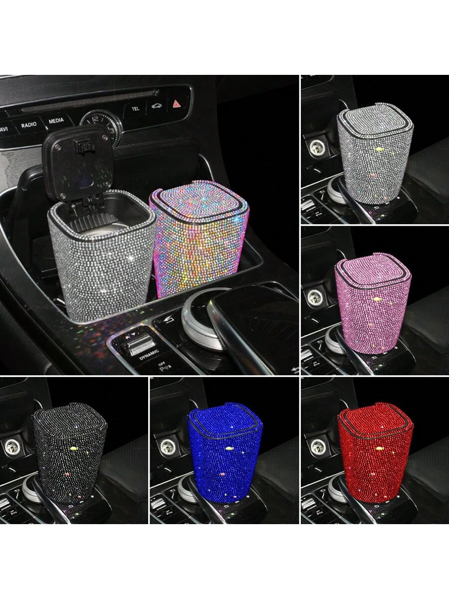 1pc Luxury Sparkling Crystal Ashtray With Lid, Glittering Cup Holder Design, Crystal Decorative, Portable Smokeless Cylinder