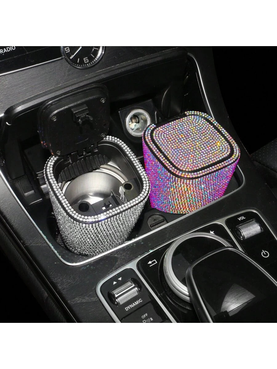 1pc Luxury Sparkling Crystal Ashtray With Lid, Glittering Cup Holder Design, Crystal Decorative, Portable Smokeless Cylinder
