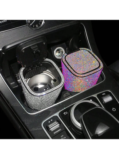 1pc Luxury Sparkling Crystal Ashtray With Lid, Glittering Cup Holder Design, Crystal Decorative, Portable Smokeless Cylinder