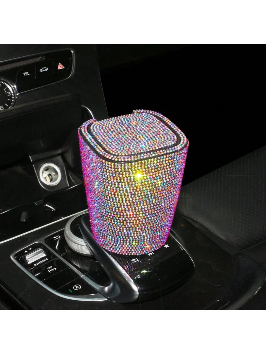 1pc Luxury Sparkling Crystal Ashtray With Lid, Glittering Cup Holder Design, Crystal Decorative, Portable Smokeless Cylinder