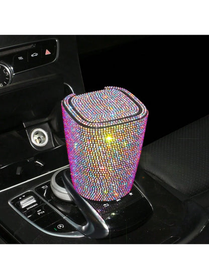 1pc Luxury Sparkling Crystal Ashtray With Lid, Glittering Cup Holder Design, Crystal Decorative, Portable Smokeless Cylinder