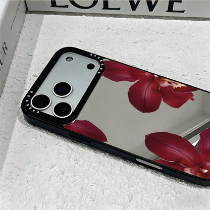 1pc Makeup Mirror Phone Case Burgundy Floral Pattern Full Coverage TPU Shockproof Phone Case Compatible With Apple 17 16 15 14 13 12 11 Pro Max