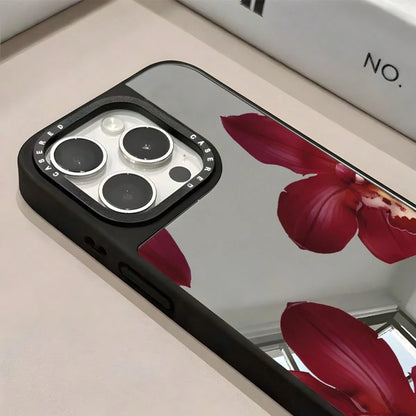 1pc Makeup Mirror Phone Case Burgundy Floral Pattern Full Coverage TPU Shockproof Phone Case Compatible With Apple 17 16 15 14 13 12 11 Pro Max