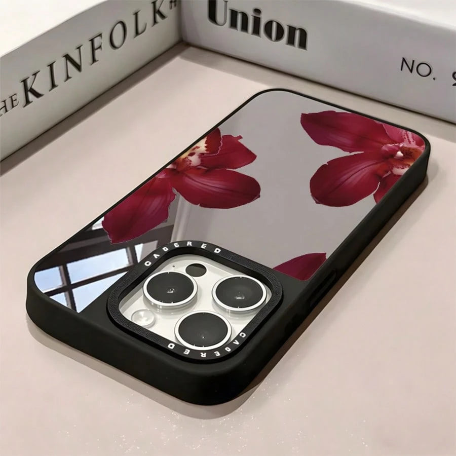 1pc Makeup Mirror Phone Case Burgundy Floral Pattern Full Coverage TPU Shockproof Phone Case Compatible With Apple 17 16 15 14 13 12 11 Pro Max