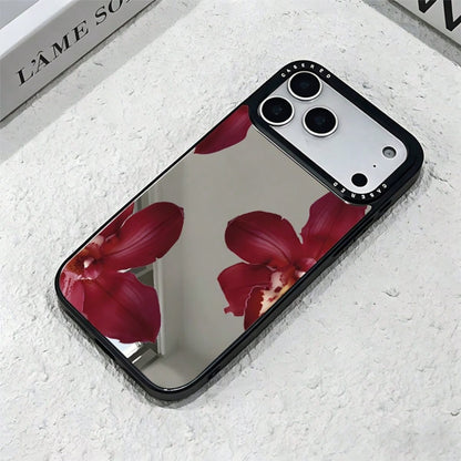 1pc Makeup Mirror Phone Case Burgundy Floral Pattern Full Coverage TPU Shockproof Phone Case Compatible With Apple 17 16 15 14 13 12 11 Pro Max