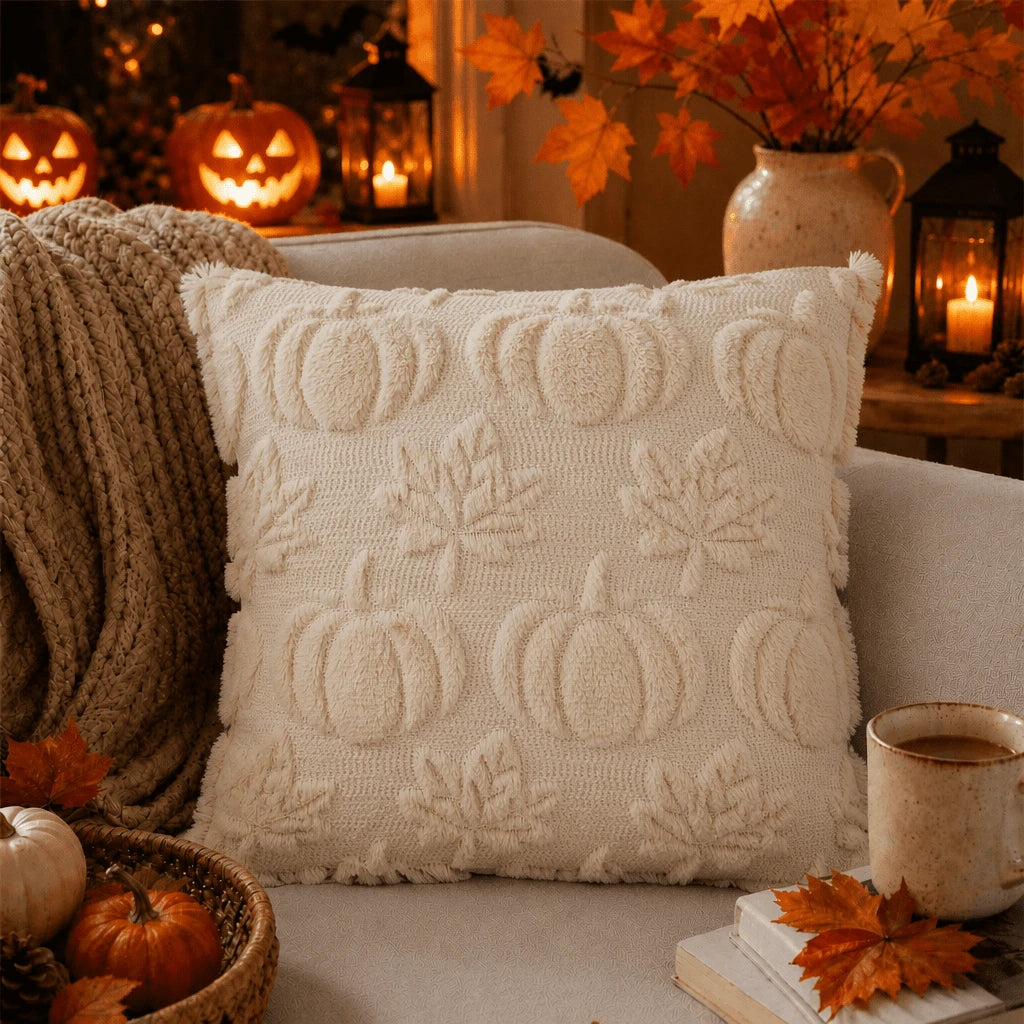 1pc Maple Leaf Pumpkin Pattern Decorative Pillowcase, Soft Plush Sofa Cushion Cover, Suitable For Home Holiday Use