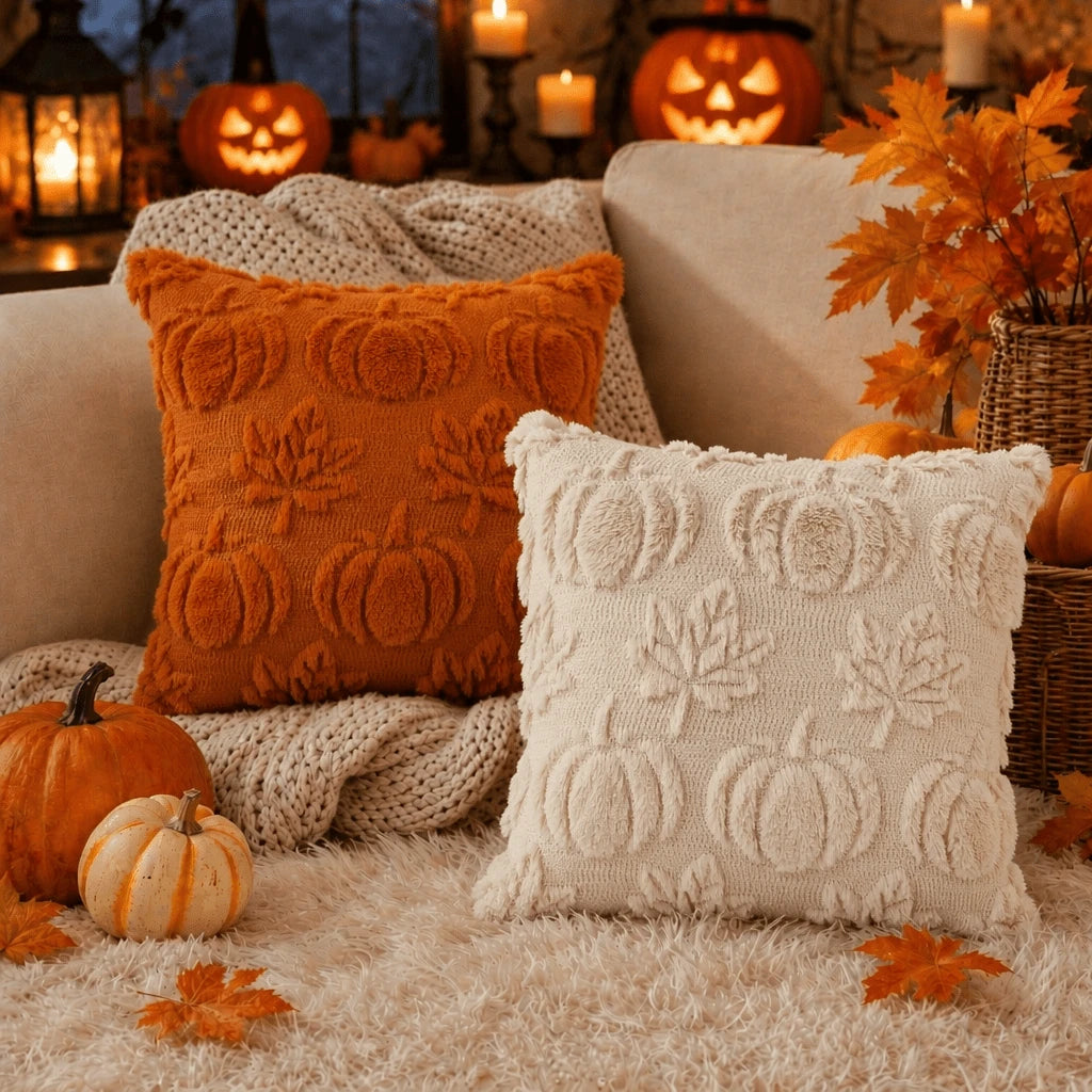 1pc Maple Leaf Pumpkin Pattern Decorative Pillowcase, Soft Plush Sofa Cushion Cover, Suitable For Home Holiday Use