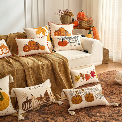 1pc Maple Leaves Embroidered Thanksgiving And Halloween Throw Pillow Case Cover, Decorative Fall Harvest Pumpkins Pillow Cover