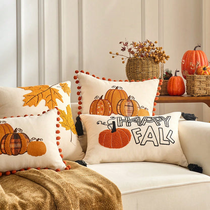 1pc Maple Leaves Embroidered Thanksgiving And Halloween Throw Pillow Case Cover, Decorative Fall Harvest Pumpkins Pillow Cover