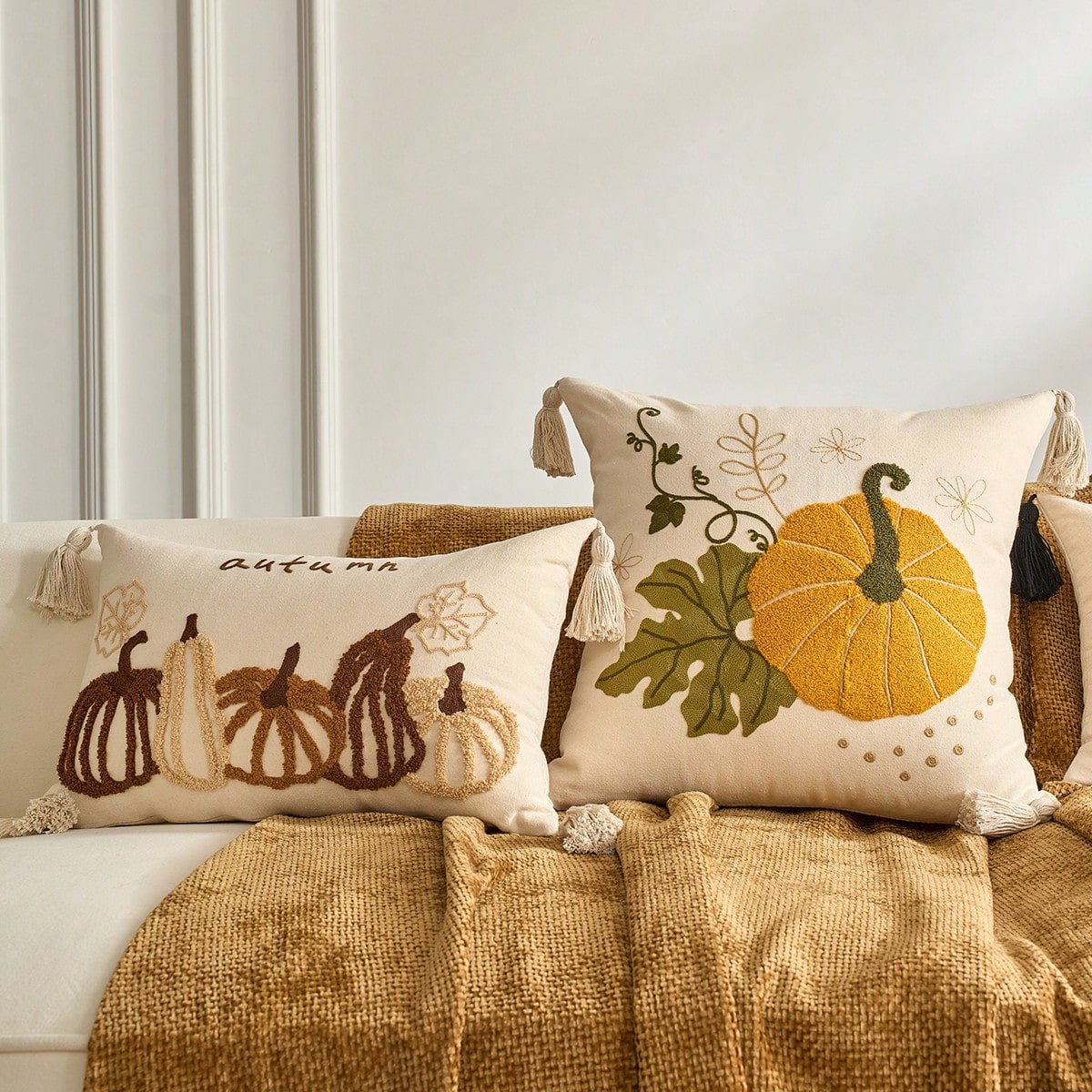 1pc Maple Leaves Embroidered Thanksgiving And Halloween Throw Pillow Case Cover, Decorative Fall Harvest Pumpkins Pillow Cover