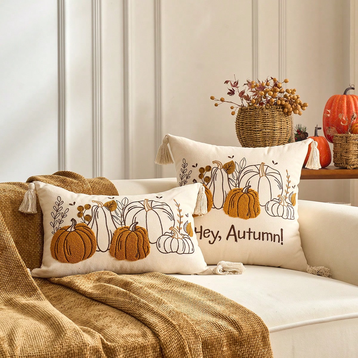 1pc Maple Leaves Embroidered Thanksgiving And Halloween Throw Pillow Case Cover, Decorative Fall Harvest Pumpkins Pillow Cover