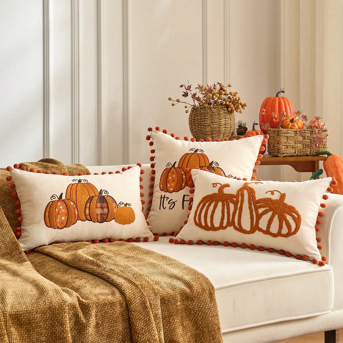 1pc Maple Leaves Embroidered Thanksgiving And Halloween Throw Pillow Case Cover, Decorative Fall Harvest Pumpkins Pillow Cover