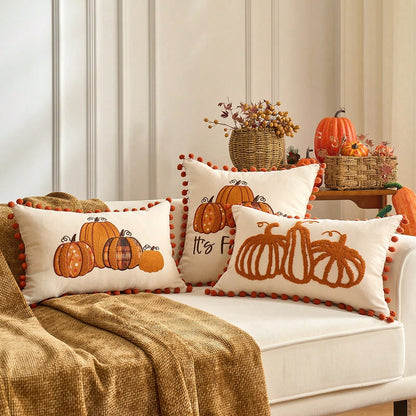 1pc Maple Leaves Embroidered Thanksgiving And Halloween Throw Pillow Case Cover, Decorative Fall Harvest Pumpkins Pillow Cover