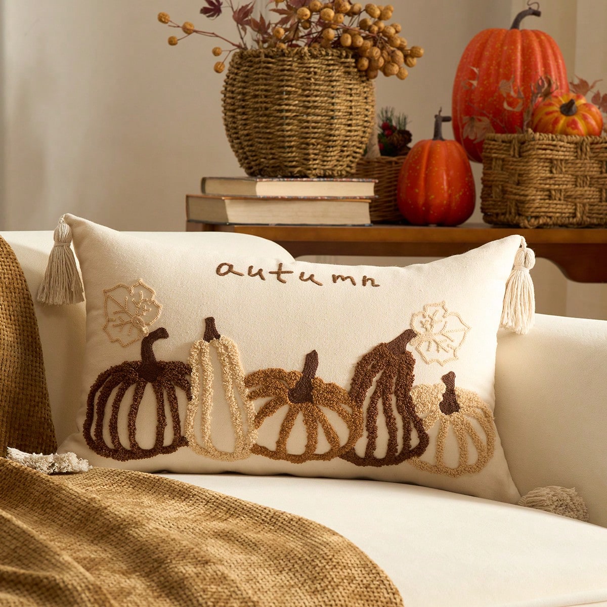 1pc Maple Leaves Embroidered Thanksgiving And Halloween Throw Pillow Case Cover, Decorative Fall Harvest Pumpkins Pillow Cover