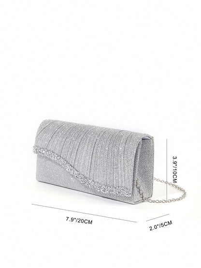 1pc Mini Glitter Shiny Chain Folding Wrinkle Square Bag, For Wedding Party Evening, Tready Party Bags,Perfect For Party, Wedding, Prom, Dinner/Banquet, Perfectly Matching With Prom Dresses For Women