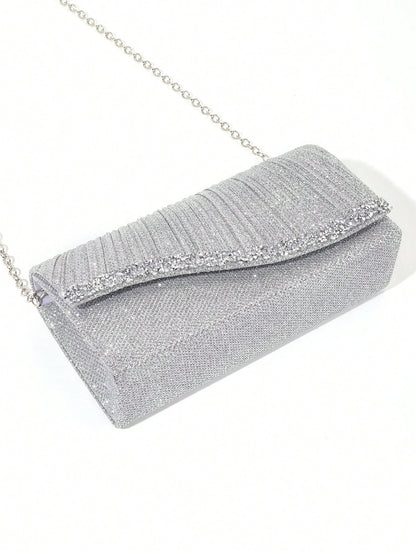 1pc Mini Glitter Shiny Chain Folding Wrinkle Square Bag, For Wedding Party Evening, Tready Party Bags,Perfect For Party, Wedding, Prom, Dinner/Banquet, Perfectly Matching With Prom Dresses For Women