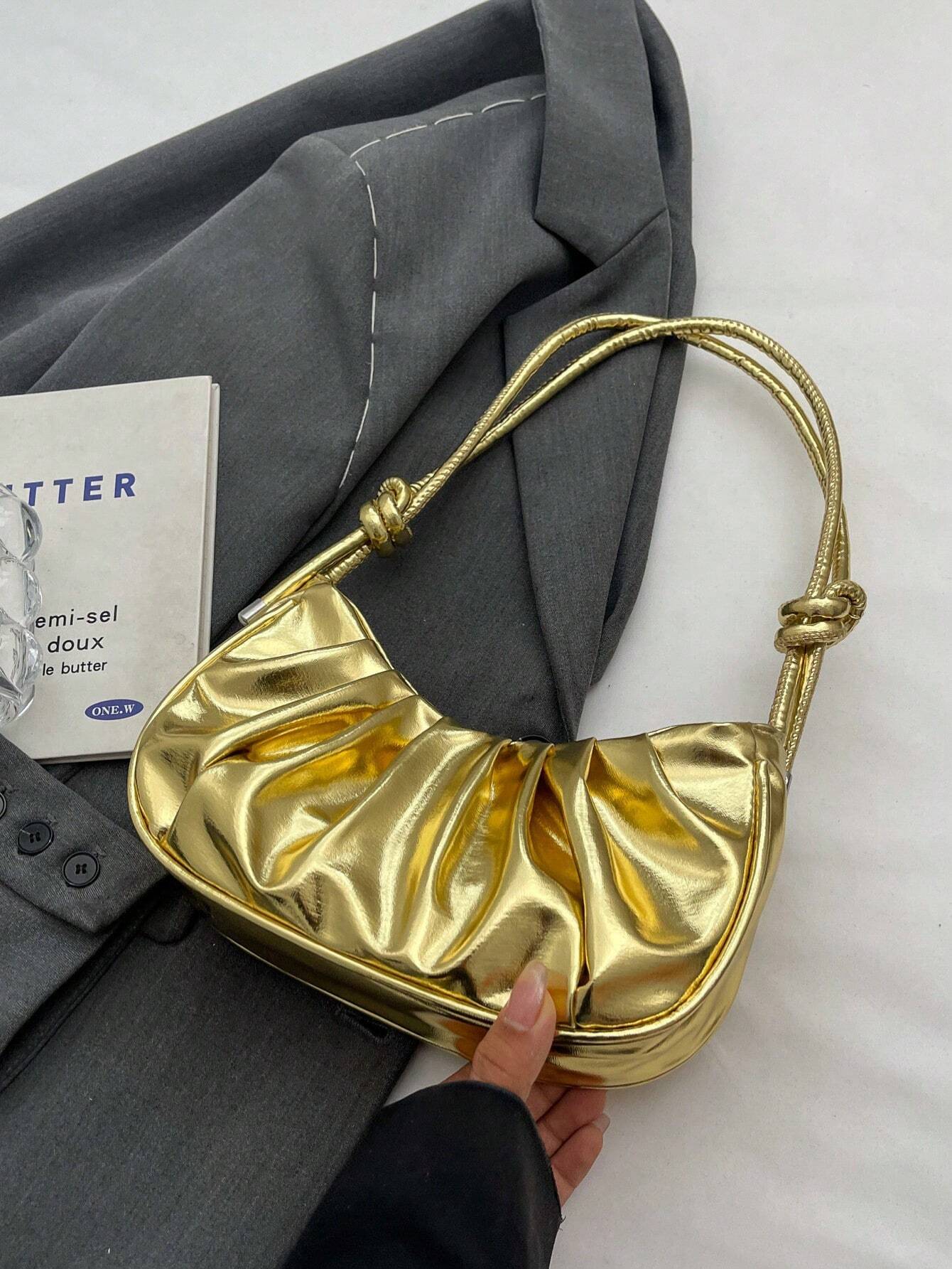 1pc Mini Solid Color Glossy PU Leather Cloud-Shaped Ruched Bag, Fashionable & Elegant Crescent Moon Shoulder Bag For Women