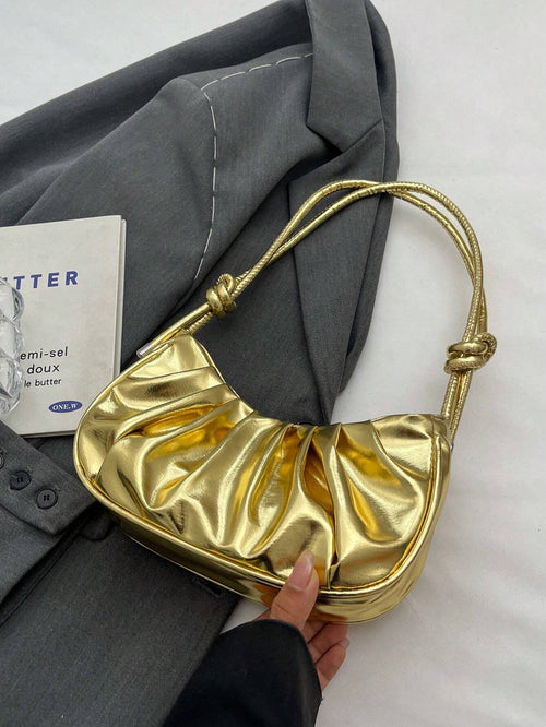 1pc Mini Solid Color Glossy PU Leather Cloud-Shaped Ruched Bag, Fashionable & Elegant Crescent Moon Shoulder Bag For Women