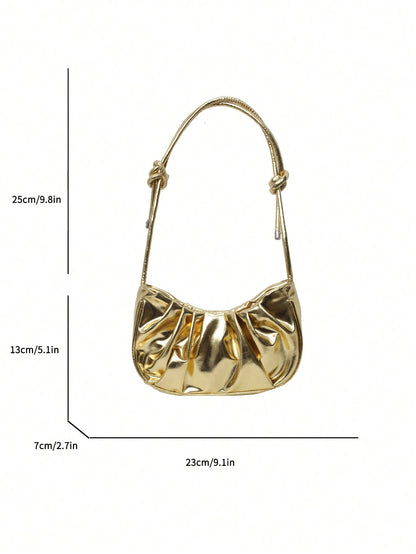 1pc Mini Solid Color Glossy PU Leather Cloud-Shaped Ruched Bag, Fashionable & Elegant Crescent Moon Shoulder Bag For Women
