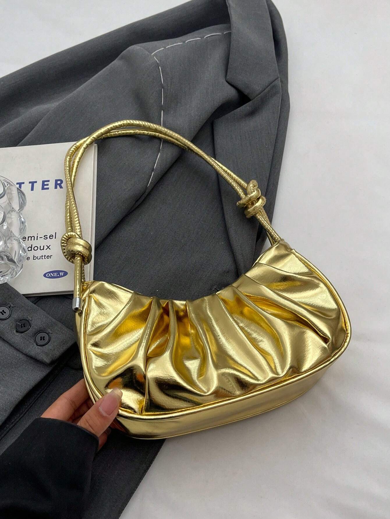 1pc Mini Solid Color Glossy PU Leather Cloud-Shaped Ruched Bag, Fashionable & Elegant Crescent Moon Shoulder Bag For Women